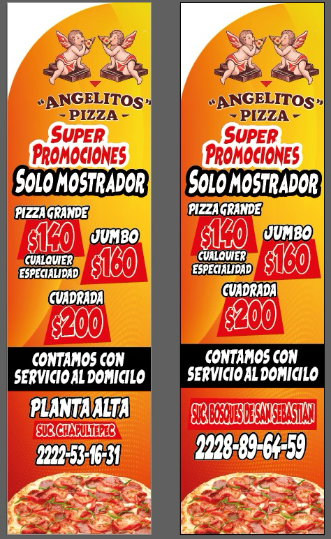 Flyer de Angelitos Pizza con súper promociones y precios de mostrador